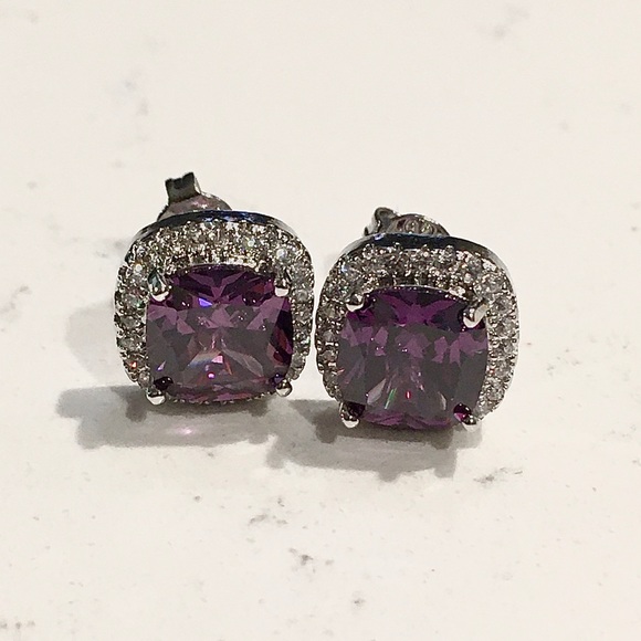925 Silver Amethyst & Sapphire Halo Cut Earrings - Picture 7 of 12